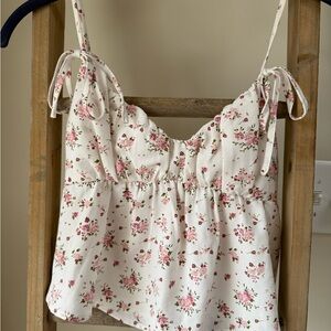 Floral Tie-Shoulder Cropped Tank Top - Pink on Cream